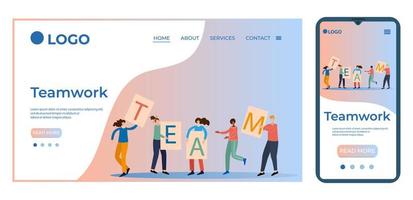 Teamwork.People hold Team signs in their hands.Template for the user interface of the site's home page.Landing page template.The adaptive design of the smartphone.vector illustration. vector