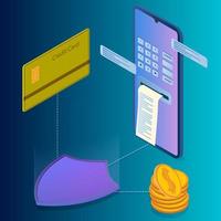 Secure online transfers.Isometric image of a smartphone, Bank card, Billboard, and money.A symbol of safety when performing transfers of Bank funds.vector illustration. vector