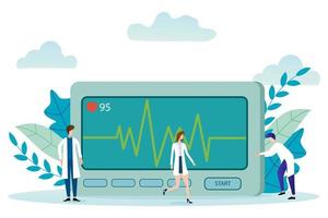 Vector illustration.People in white coats are preparing a cardiograph for work.The concept of heart attack prevention.