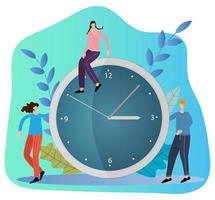 People are standing near a large clock.The concept of time management.Flat vector illustration.