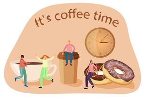 Flat vector illustration.People enjoy a coffee break.The concept of coffee is there.In the background, a clock and the inscription It's coffee time.