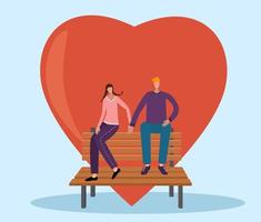 Vector illustration.Two lovers, a woman and a man sitting on a bench.In the background, a large heart.Illustration in a flat style, can be used for postcards, banners, and other designs.