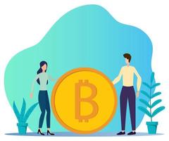 Vector illustration.Two businessmen, a man and a woman, stand near a large bitcoin coin.The concept of earning and investing in bitcoins.