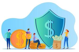 Protection of Bank deposits.People, shield, money.Security concept.Flat vector illustration.