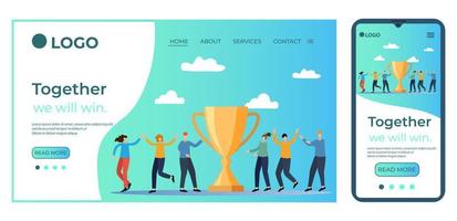 Together we will win.Happy people hold the victory Cup.Template for the user interface of the site's home page.Landing page template.The adaptive design of the smartphone.vector illustration. vector