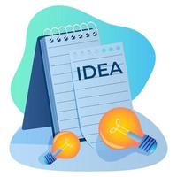 Notepad and light bulbs symbolize the search for an idea.Creative approach and creativity.Flat vector illustration.