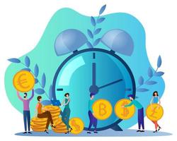 Time-management.People work with money in the background of the clock.Flat vector illustration.