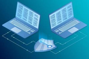 Secure Internet connection.Isometric image of two laptops together.Concept of data protection and Internet security.Vector illustration. vector