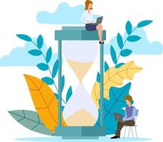 Vector illustration.Office characters working on laptops at the background of the hourglass.The concept of business process productivity and time management.