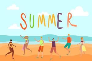 Flat vector illustration. Summer beach where happy young people are happy . You can use it as a poster or banner.