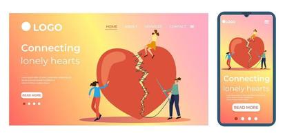 Connecting lonely hearts.People and a broken heart.Template for the user interface of the site's home page.Landing page template.The adaptive design of the smartphone.vector illustration. vector