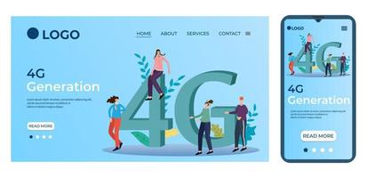 4G Generation.People in the background on the background of a large 4G sign. Template for the user interface of the site's home page.Landing page template.The adaptive design of the smartphone. vector