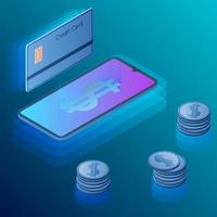 Online payments using a smartphone.Modern isometric illustration of a Bank card with online payments using a smartphone.Modern Internet technologies. vector