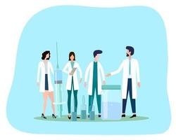 Flat vector illustration. A group of doctors stand next to a syringe and ampoules with injections. The concept of health care and vaccination.