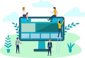 Vector illustration of small people and a large computer.A team of programmers developing an online application.The concept of team work for developers.