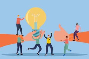 Vector illustration.People follow new ideas. In the background, a hand showing the class and a hand holding a light bulb.The concept of joint brainstorming, searching for ideas and teamwork.