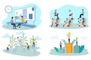 Office workers and investments, Business negotiations, Office employees work,.The concept of winning the competition.A set of images with an office theme.A set of flat vector illustrations.