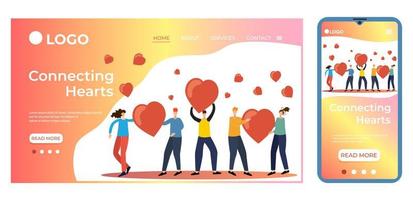 People hold their hearts in their hands. Connecting hearts.Template for the user interface of the site's home page.Landing page template.The adaptive design of the smartphone.Vector illustration. vector