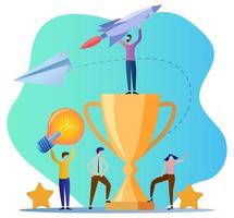 Team success, brainstorming.Teamwork, the Cup symbolizes the success of new ideas.For a website, web banner.Flat vector illustration.