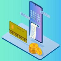 pagos en línea. imagen isométrica de un teléfono inteligente, monedas y tarjeta bancaria. el concepto de transferencias de dinero seguras utilizando tecnologías modernas. ilustración vectorial. vector