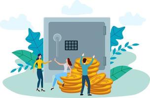 Vector illustration.People on the background of money and a Bank safe.The concept of keeping money in Bank cells.