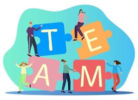 Vector illustration.Cute office workers from puzzles put together the word team.The concept of teamwork, unity.