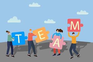 Vector illustration. Office workers from puzzles put the word team.In the background, blue sky and clouds.The concept of teamwork, unity.