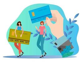 People, credit cards, and a big hand with a credit card.Concept of online transfers, electronic banks.Flat vector illustration.