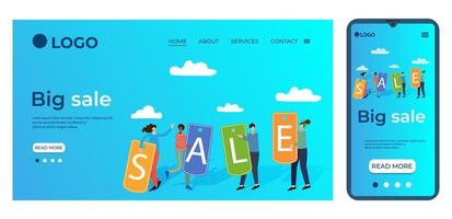 Big sale.People hold Sale signs in their hands.Template for the user interface of the site's home page.Landing page template.The adaptive design of the smartphone.vector illustration. vector