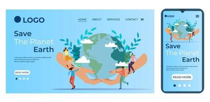 Save The Planet Earth.People are saving the planet Earth.Template for the user interface of the site's home page.Landing page template.The adaptive design of the smartphone.vector illustration. vector