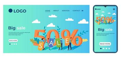 Big sale.People hold posters from the sale.Template for the user interface of the site's home page.Landing page template.The adaptive design of the smartphone.vector illustration. vector
