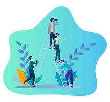 Flat vector illustration. The leader stands at the top with the support of the team. The concept of teamwork, working with a team, the guiding factor.
