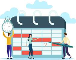 ilustración vectorial.los hombres de negocios usan un calendario y un reloj para planificar su trabajo.concepto de planificación empresarial para la programación de eventos. vector