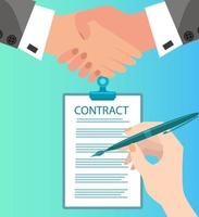 Flat vector illustration.People signing a contract.The image contains hands making a handshake and a hand signing a document.You can use it for a poster, banner, or web site.