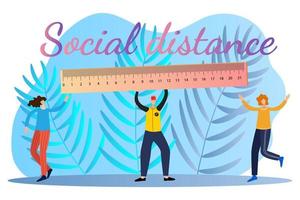 Social distancing.One person determines the distance to other people using a ruler.Flat vector illustration.