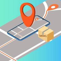 Delivery.Isometric image of the smartphone and the delivery box.The concept of safe cargo transportation and tracking via the online app.Vector illustration. vector