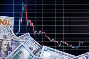 US dollar banknote stacks over digital screen with exchange chart, depreciation and volatility concept, directly above view photo