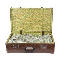 old opened brown suitcase full of hundred dollar banknotes isolated on white photo