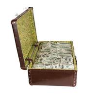 old opened brown suitcase full of hundred dollar banknotes isolated on white photo