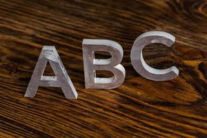 The word ABC with white metal letters standing up on a dark brown wood background with selective focus photo