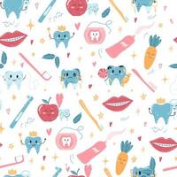 Seamless pattern with hand drawn kawaii teeth characters and oral care products in cartoon flat style. Vector illustration of cartoon children background for wrapping paper, fabric print, cover, card