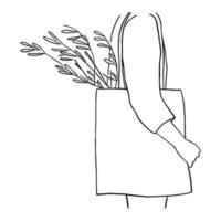 arte lineal mínimo de personas con bolsa de flores orgánicas en concepto dibujado a mano para la decoración, estilo garabato vector