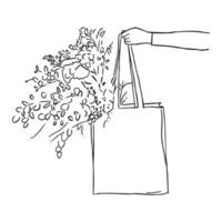 Line art minimal of hand holding tote bag with flowers in hand drawn concept for decoration, doodle style vector