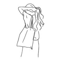 Line art minimal of woman with tote bag in hand drawn concept for decoration, doodle style vector