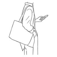 arte lineal mínimo de personas que usan teléfonos móviles y llevan una bolsa de mano en un concepto dibujado a mano para la decoración, estilo garabato vector