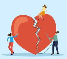 Vector illustration.People stitch up a broken heart.Symbolizes love, feelings and care.