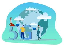 ilustración vectorial plana. los jóvenes se paran con computadoras portátiles y teléfonos inteligentes en el fondo de la tierra y la inscripción 5g. el concepto de comunicación global de la nueva generación. vector