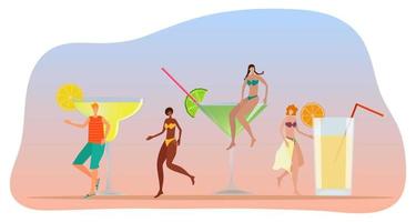 Flat vector illustration.Cheerful young people on the background of large glasses with cocktails.Mojito, Martini, Margarita in the background.