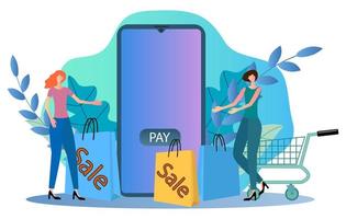 People, packages from the sale cart and a smartphone with an app.Concept of trading , sales through the mobile app.Flat vector illustration.