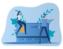 A man and a woman near a credit card. The concept of online payments.Flat vector illustration.